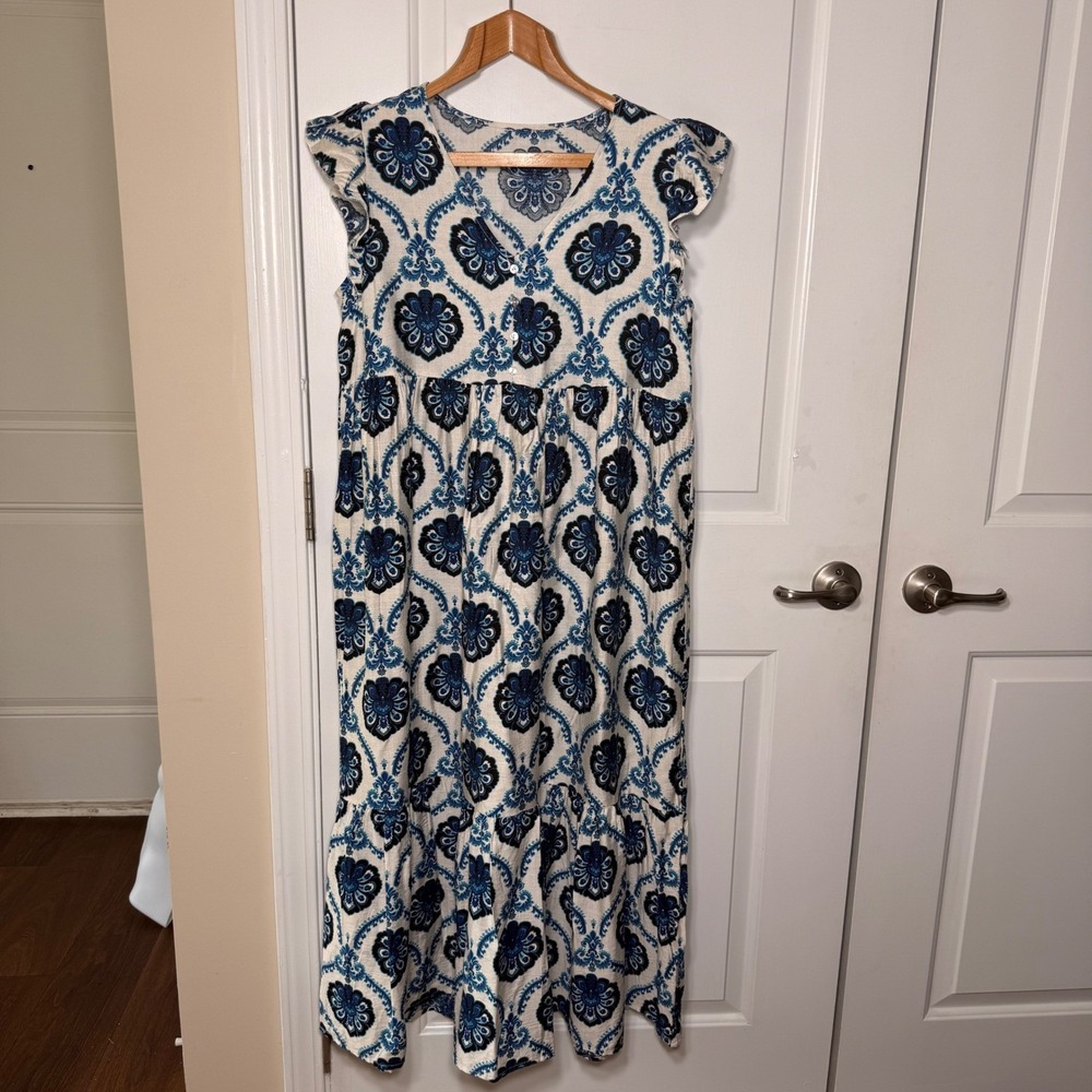 Boho Maxi Dress Womens M Blue White Paisley Floral Ruffle Sleeve Cottagecore